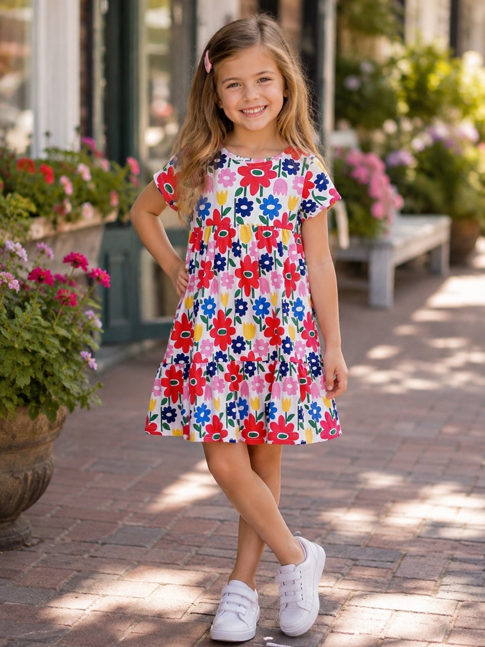 Mini Boden Short Sleeve Cotton Twirly Dress Multi Flower Girls Size 6-7